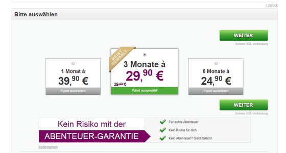 Screenshot der Cougar-Dates Preise