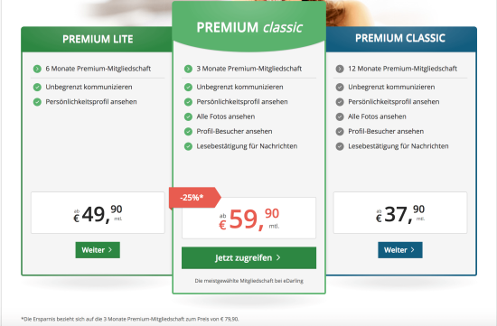 eDarling Preise Premium Mitgliedschaft